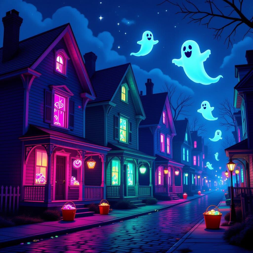 Haunted Candy Street with Neon Houses and Ghostly Sweets