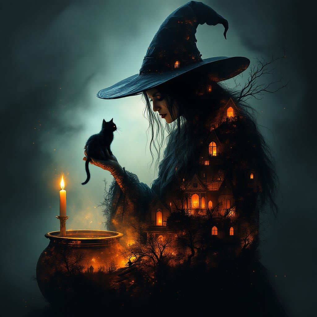 Witch Silhouette Double Exposure with Haunted House