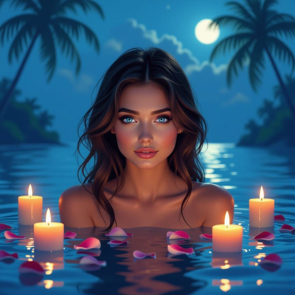 Girl in Water with Candles, Impasto Oil Painting