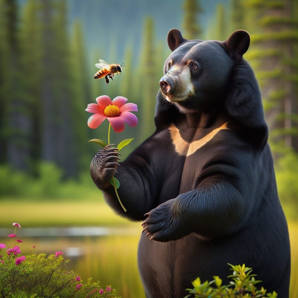 Black Bear Offers Flower to Honey Bee in Forest