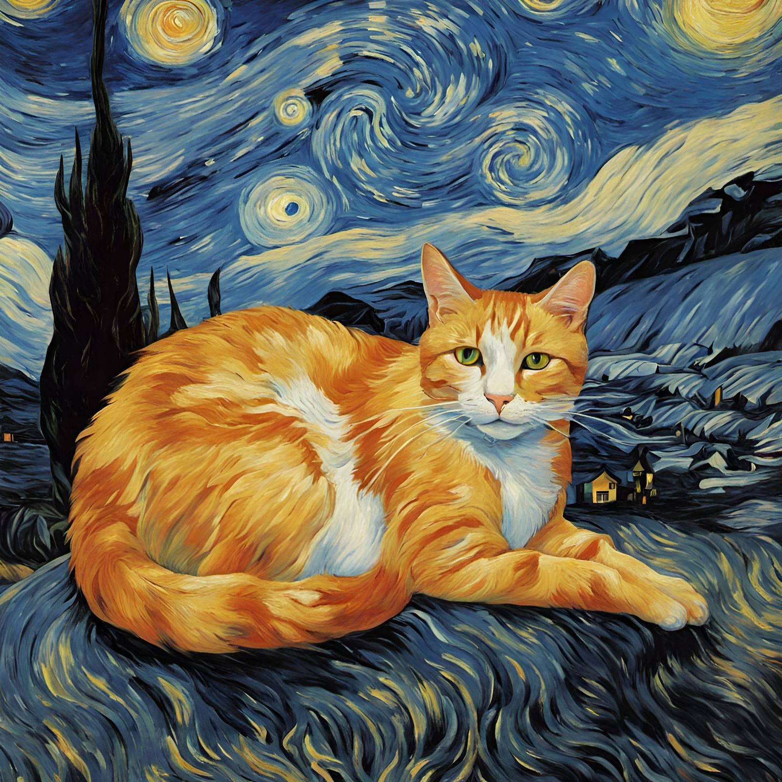 Cat in Starry Night: A Post-Impressionist Dream