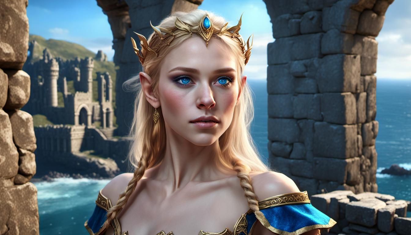 Elf Woman Portrait Near Stone Ruins, Fantasy Art