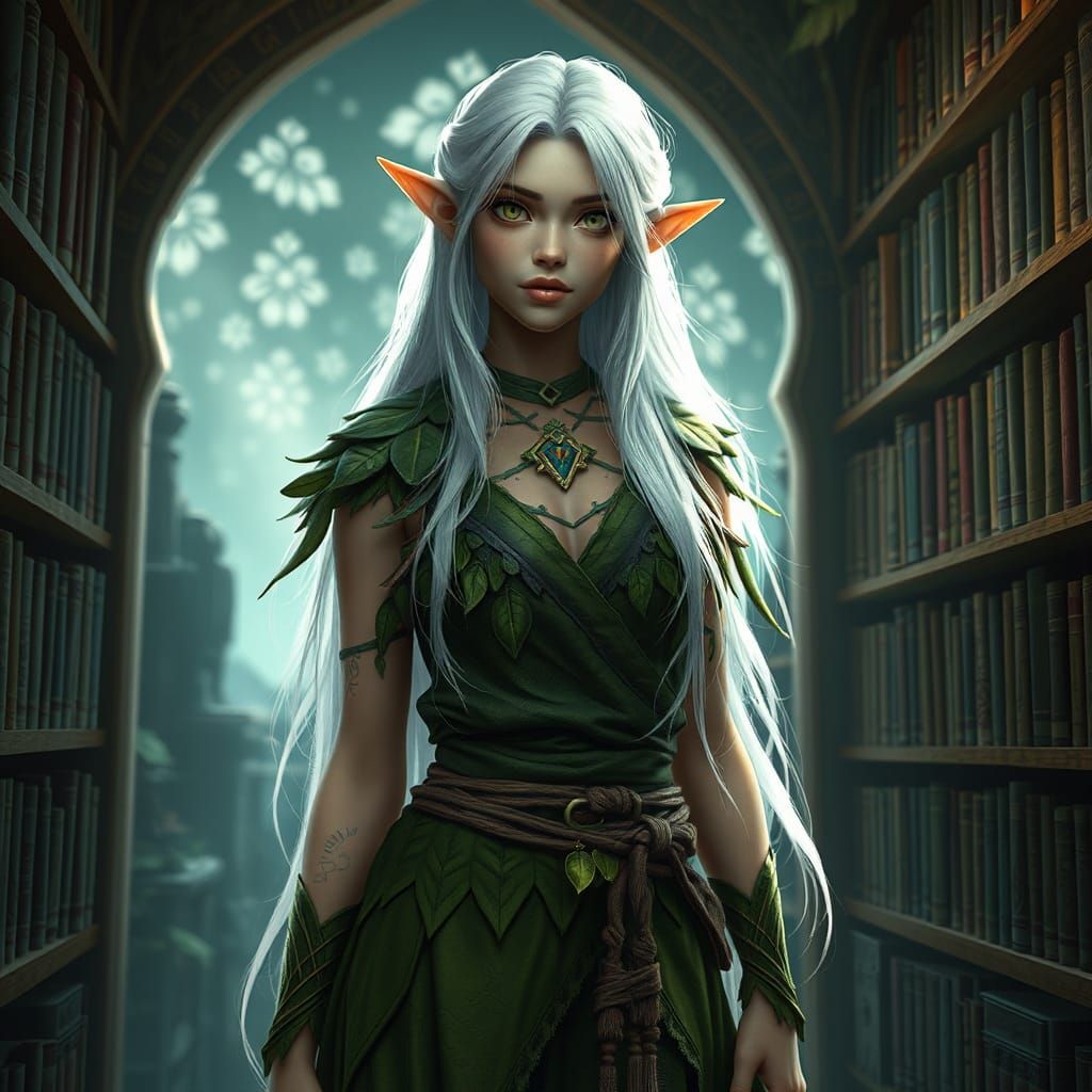 Wood-Elf Druid in Library: Fantasy Concept Art