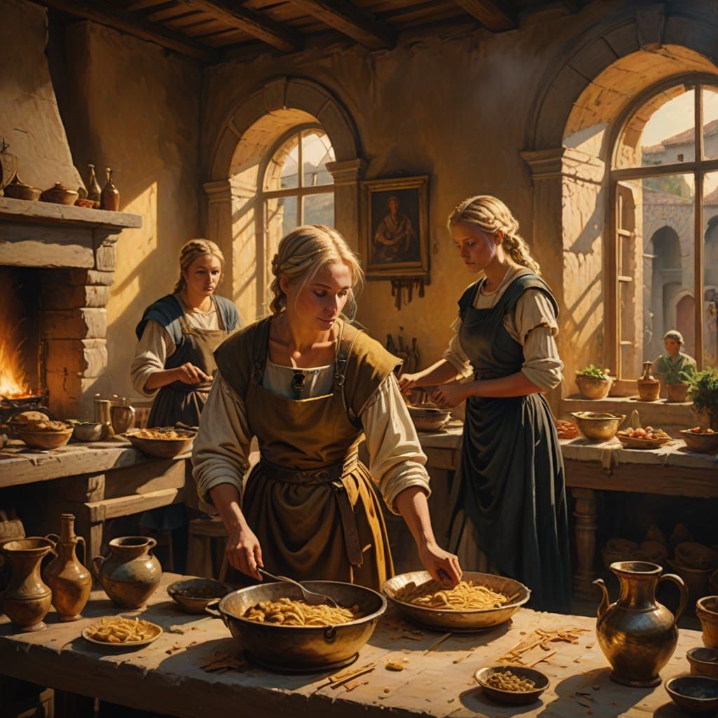 Roman Tavern Scene: Centurion, Servant, and Girl Preparing D...