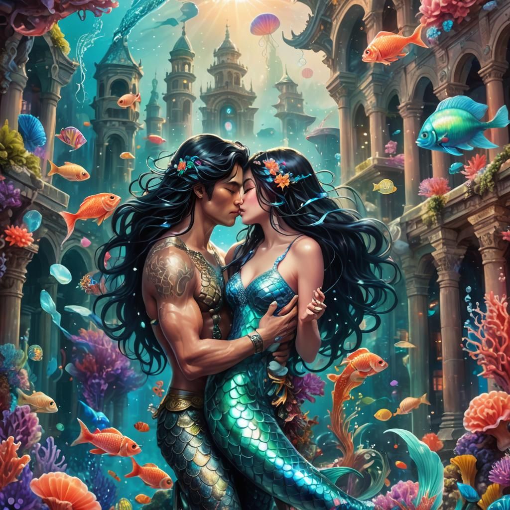 Underwater Kiss in Bioluminescent City, Trending on Artstati...