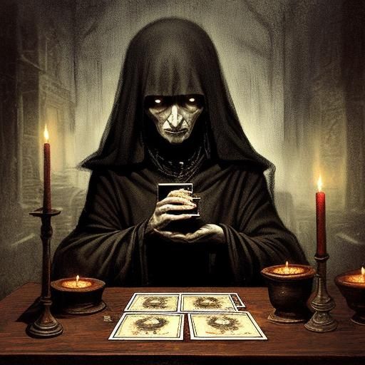 Ominous Tarot Reader in Dark Fantasy Illustration