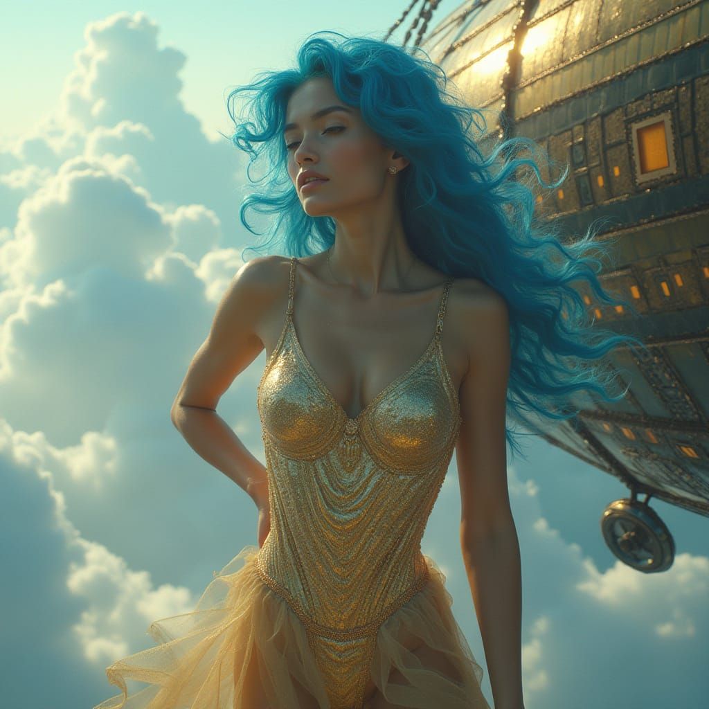 Steampunk Airship Supermodel with Sapphire Hair