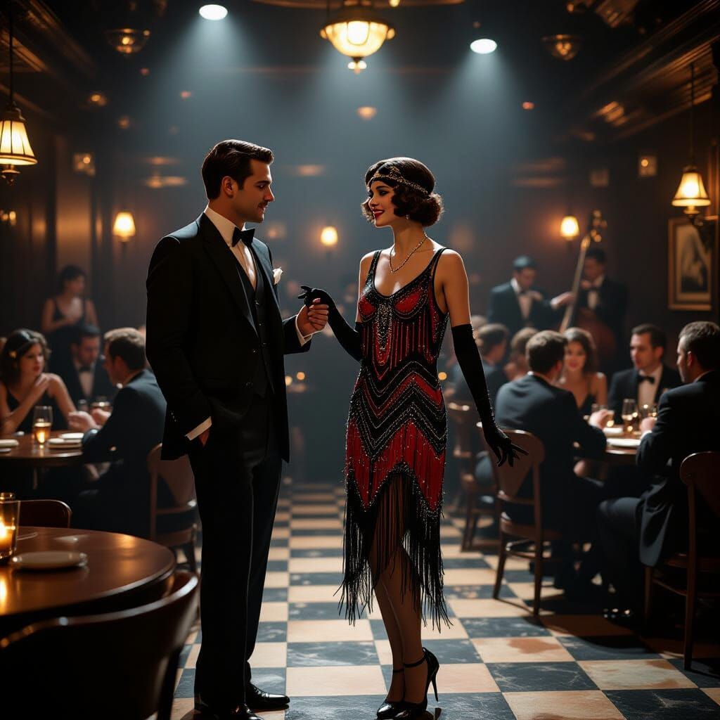 Roaring 20s Speakeasy Scene in Film Noir Style