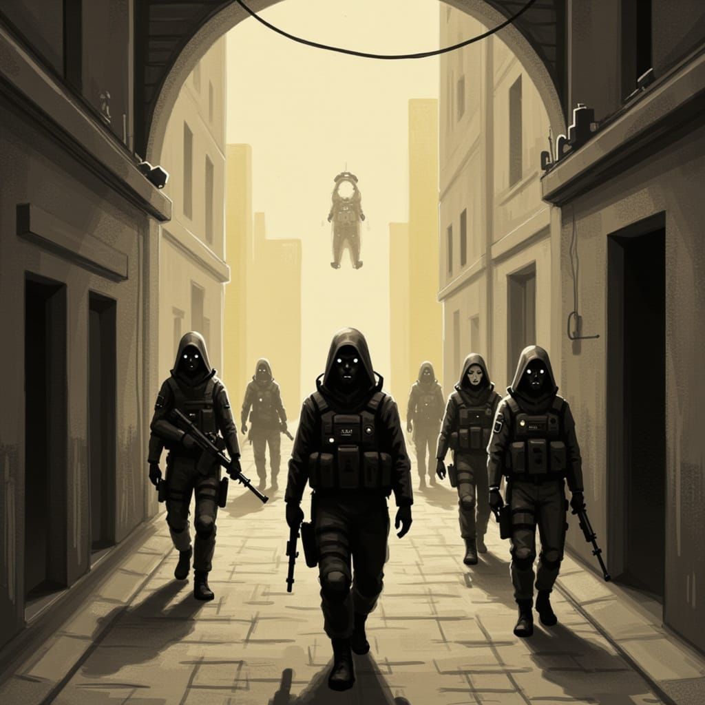Sepia Ink-Punk Soldiers in a Surreal City