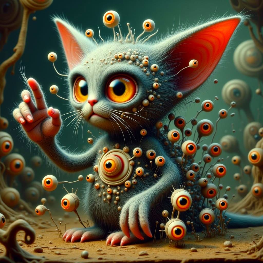 Cute and Creepy Surreal Cat Figure in Dark Fantasy Landscape