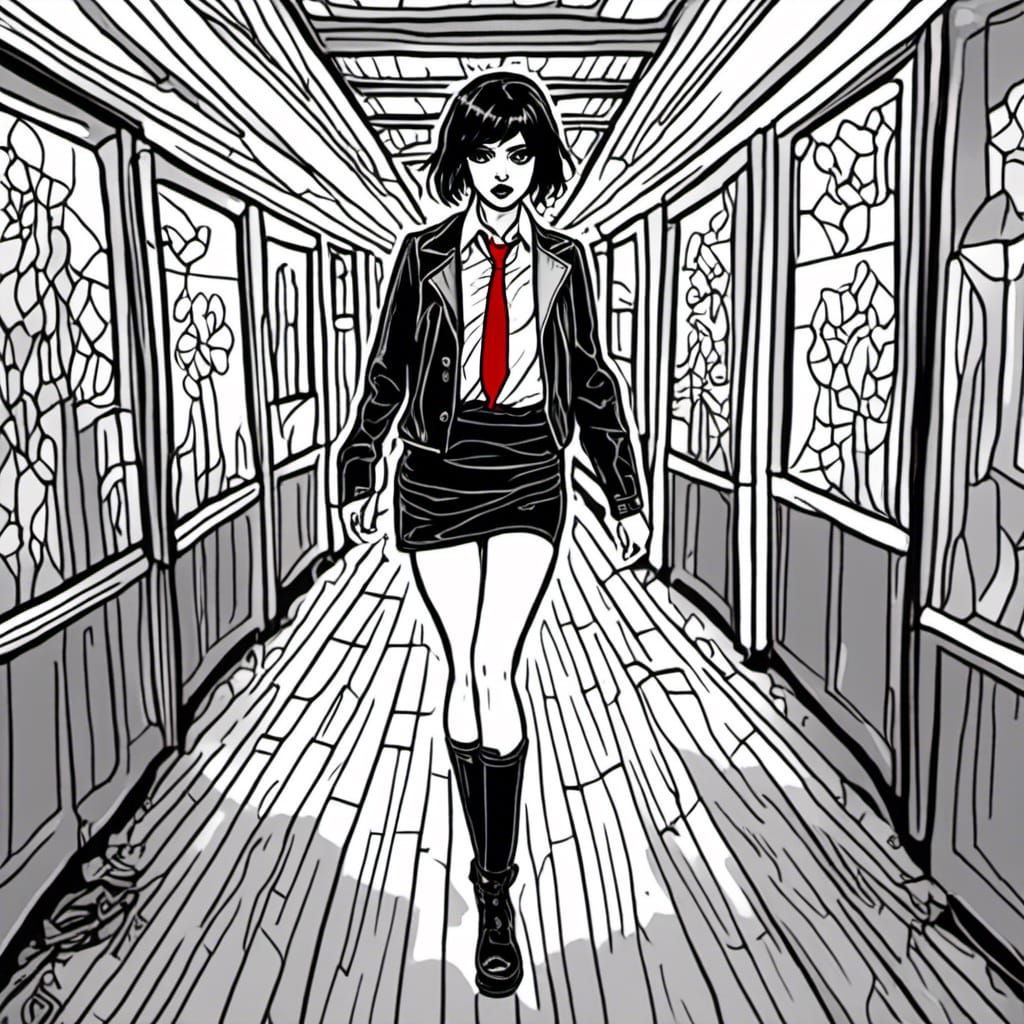 Goth Girl in Corridor: Black and White Line Drawing