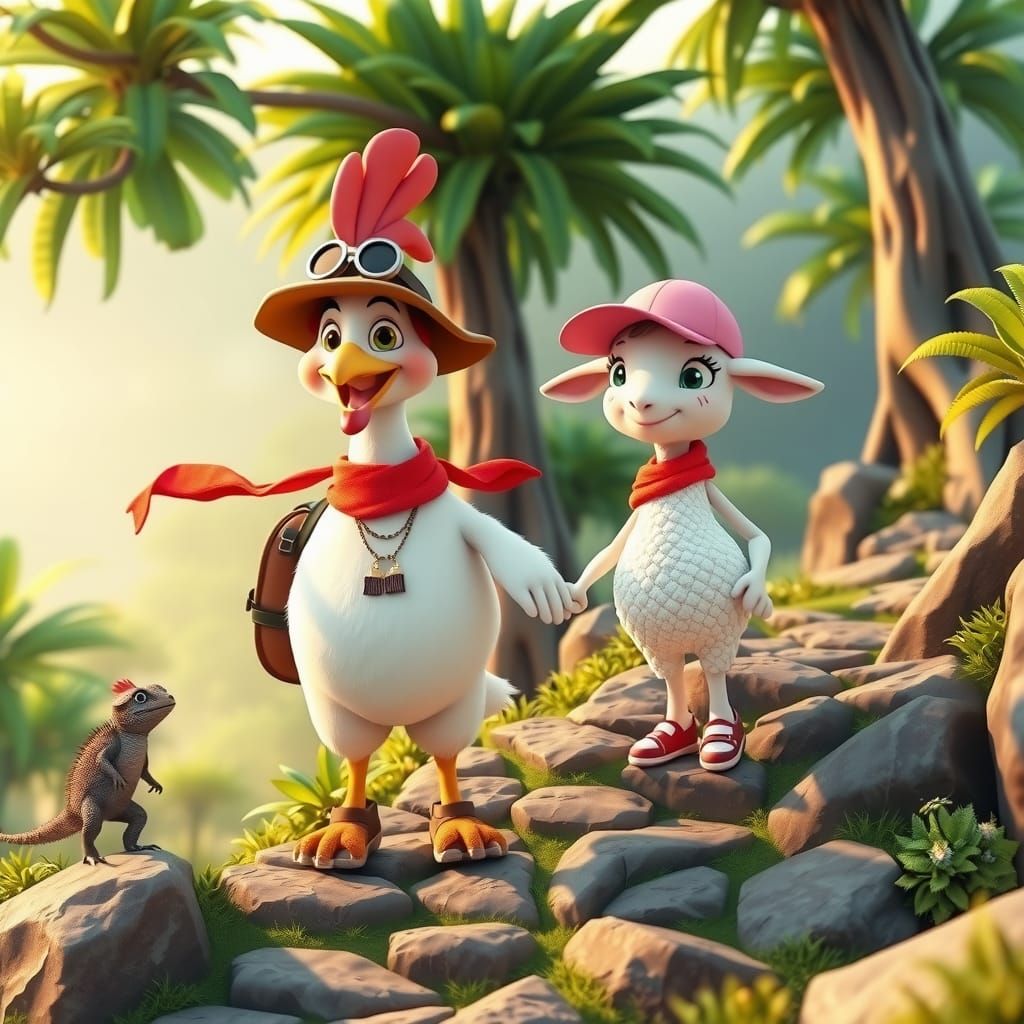 Cartoon Chicken and Sheep Hike in Tropical Landscape