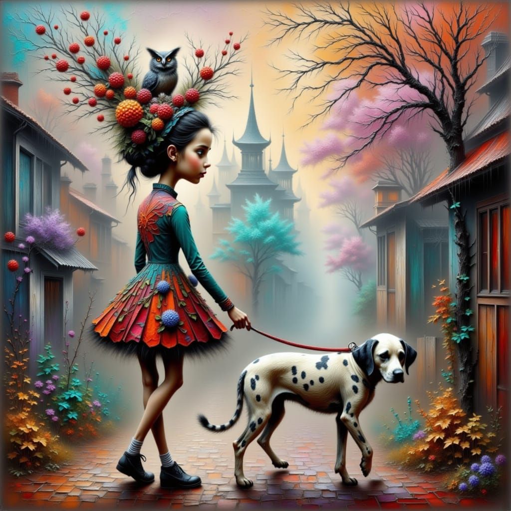 Whimsical Woman with Owl and Dalmatian in Misty City