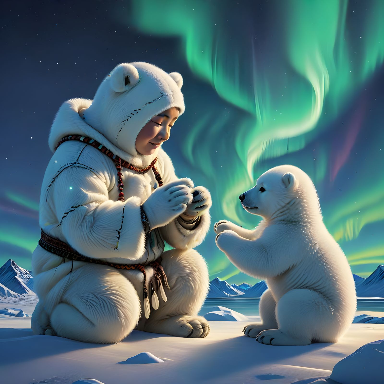 Heartwarming Arctic Scene in Traditional Inuit Style