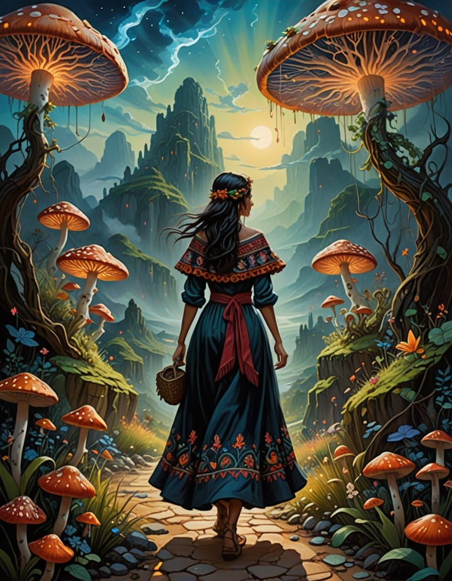 Mexican Woman in Dreamlike Landscape with Bioluminescent Mus...