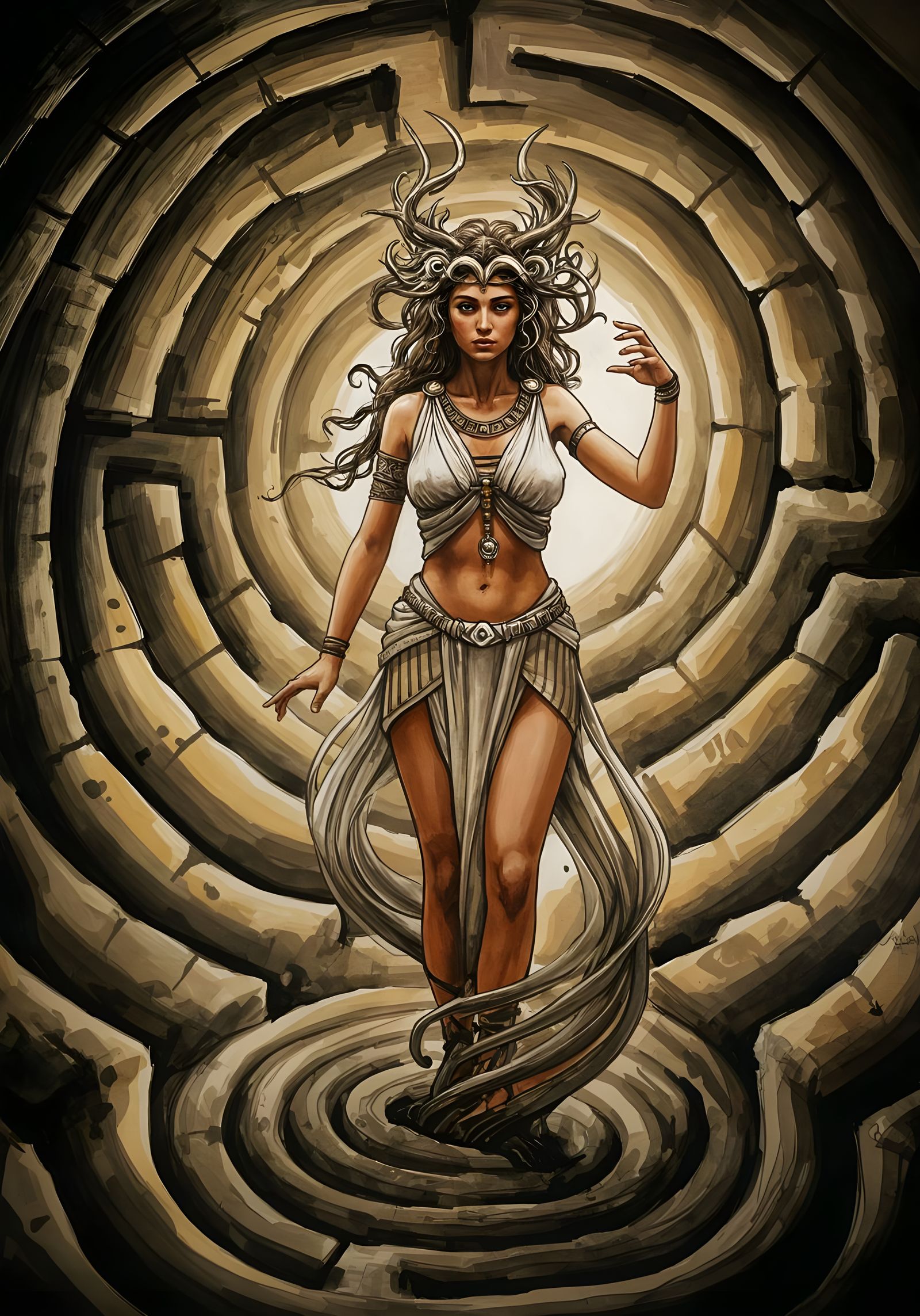 Ancient Minoan Druidess Weaves Labyrinthine Magic