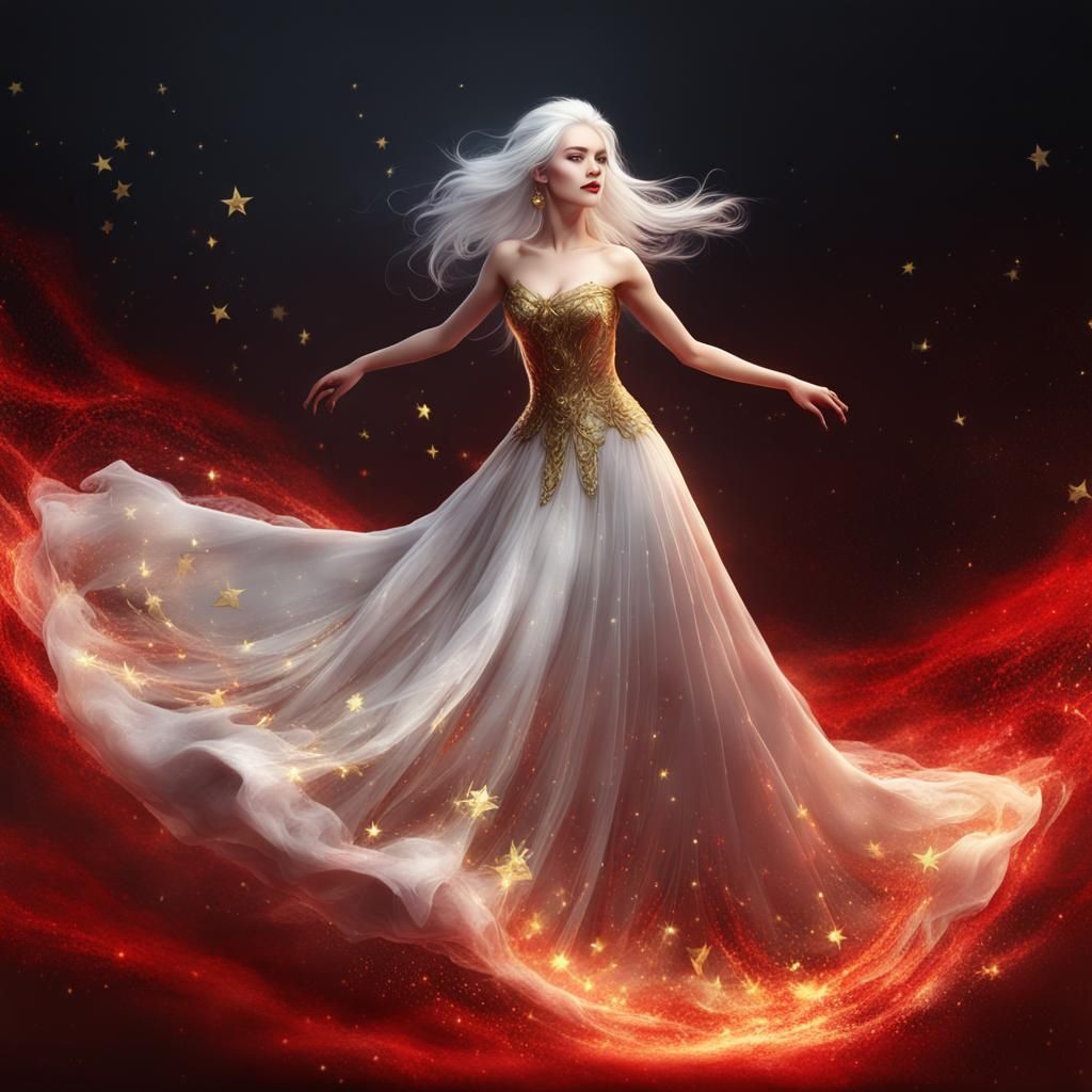 Fiery Princess in Flowing Red Dress