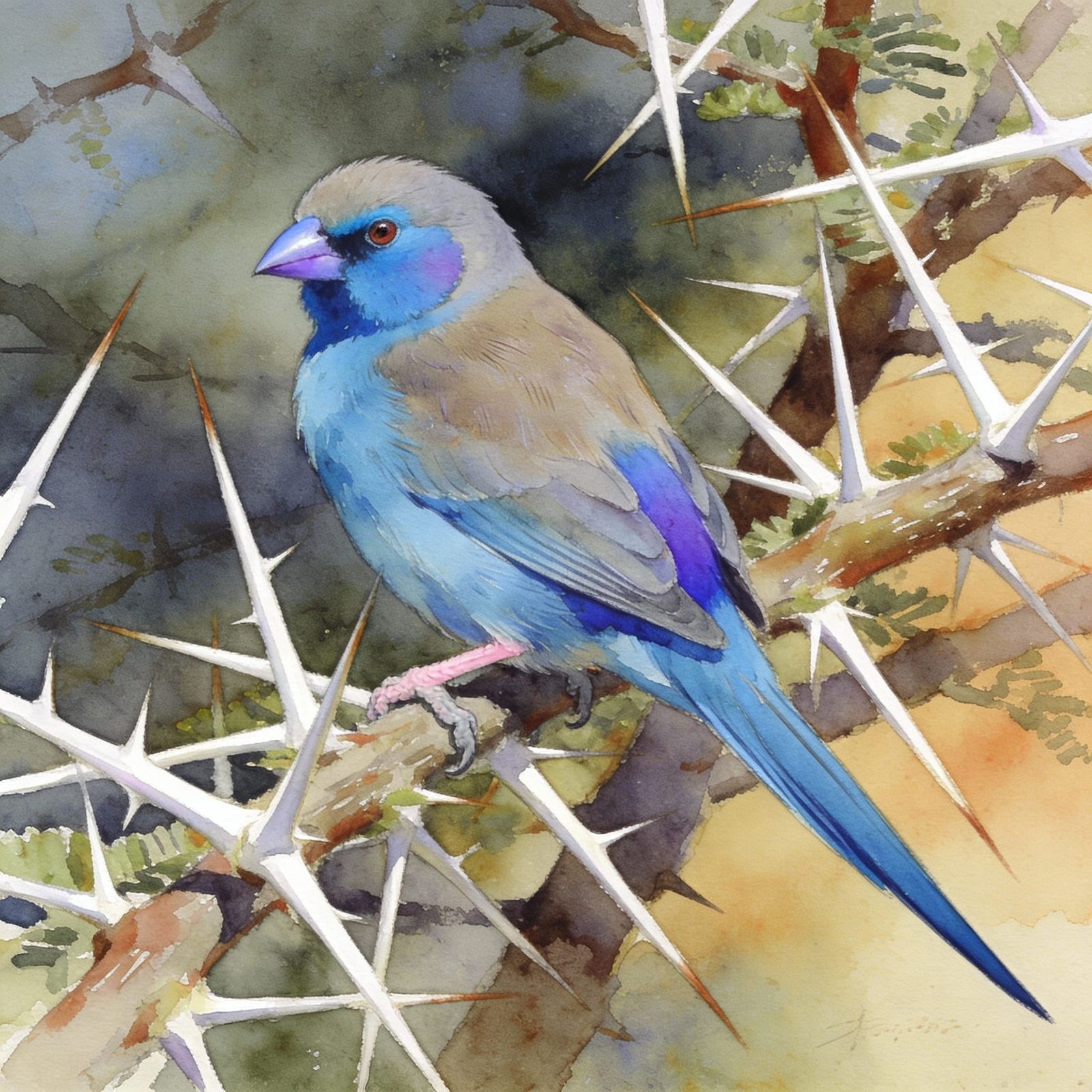 Blue Waxbill Bird Among Sweet-thorn Tree Thorns in Watercolo...