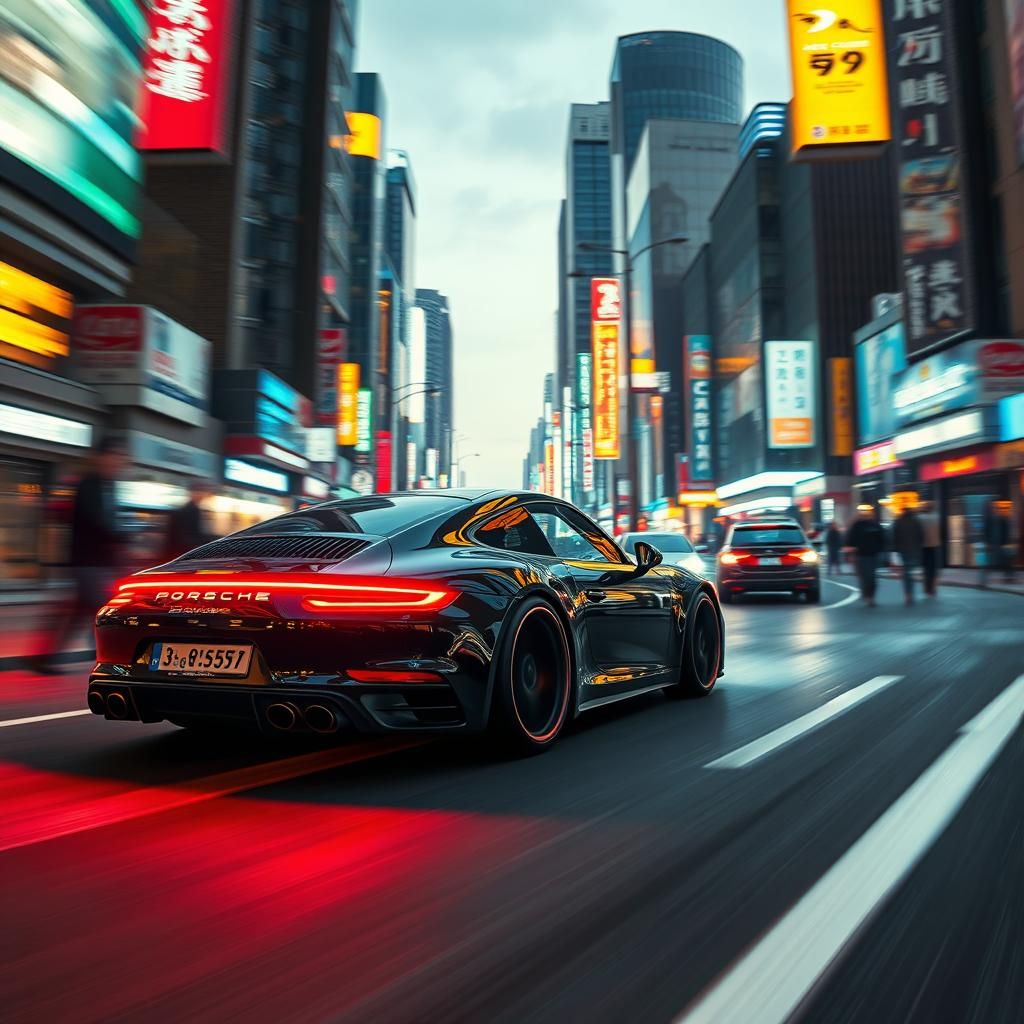Futuristic Porsche Speeds Through Neon Seoul at Dusk