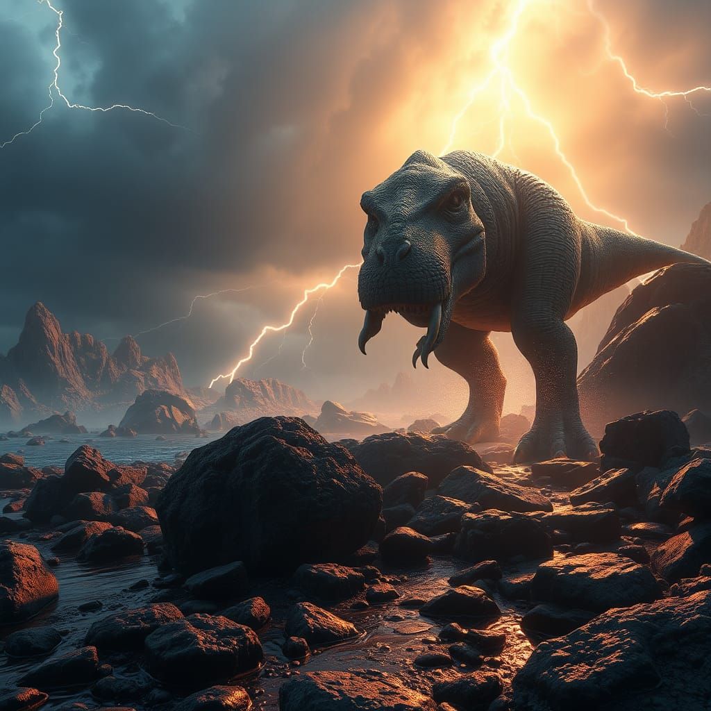 Dinosaur on Rocky Shore with Lightning, Dramatic Art
