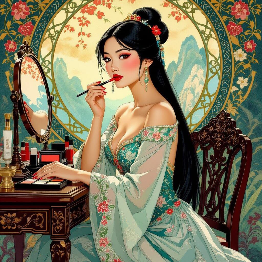 Mulan in Backless Gown: Fantasy Oil Painting