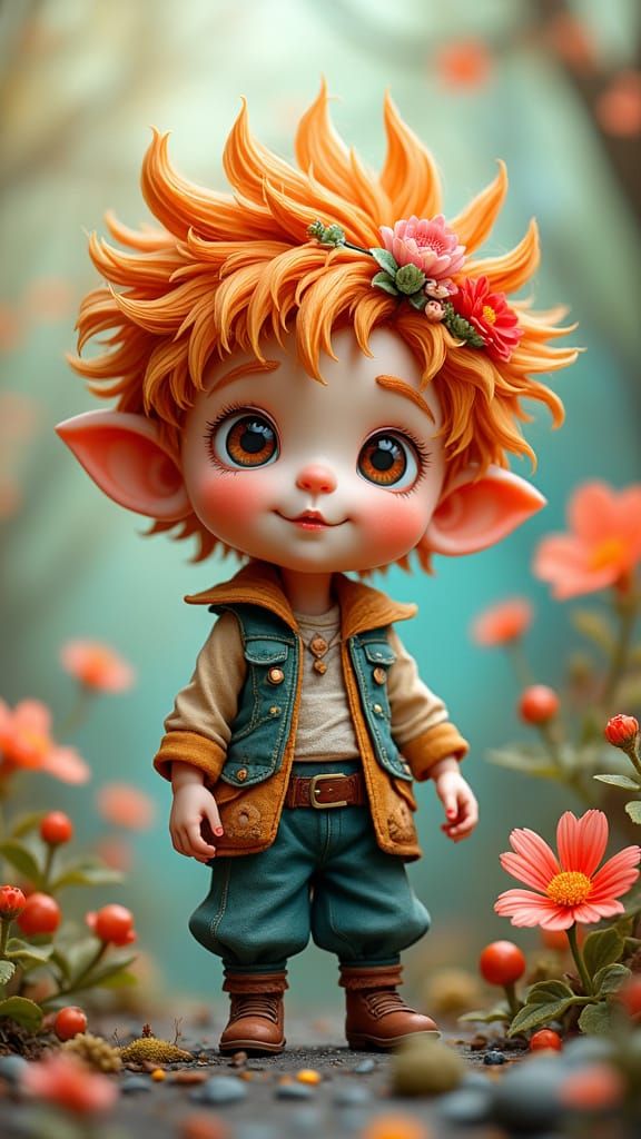 Cute Boy Pixie with Flowers, 3D Papercut Art