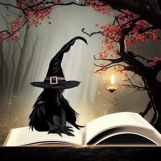 Witch with Baby Crow and Spellbook: Digital Matte Painting