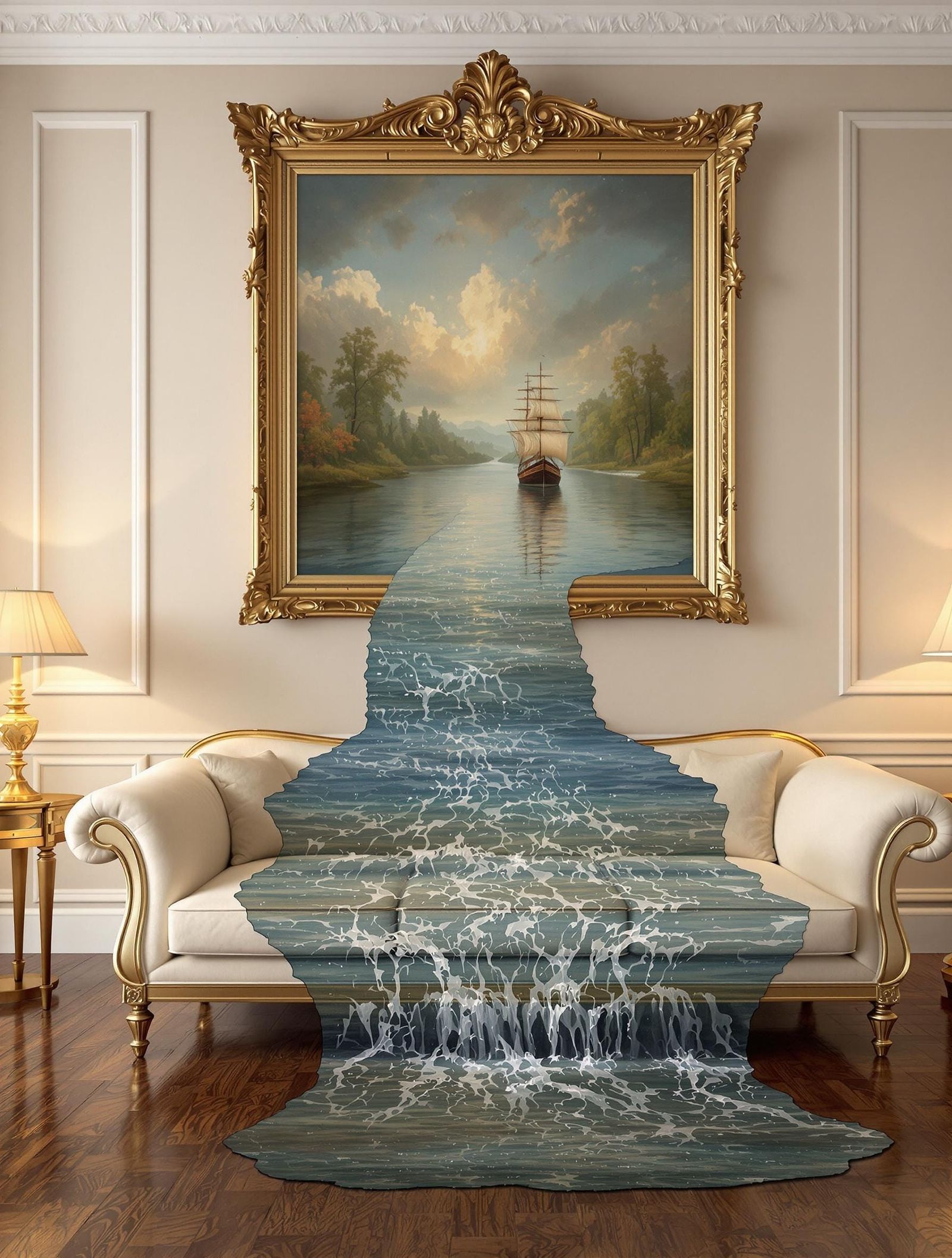 River Emerges from Canvas in Dreamlike Oil Painting