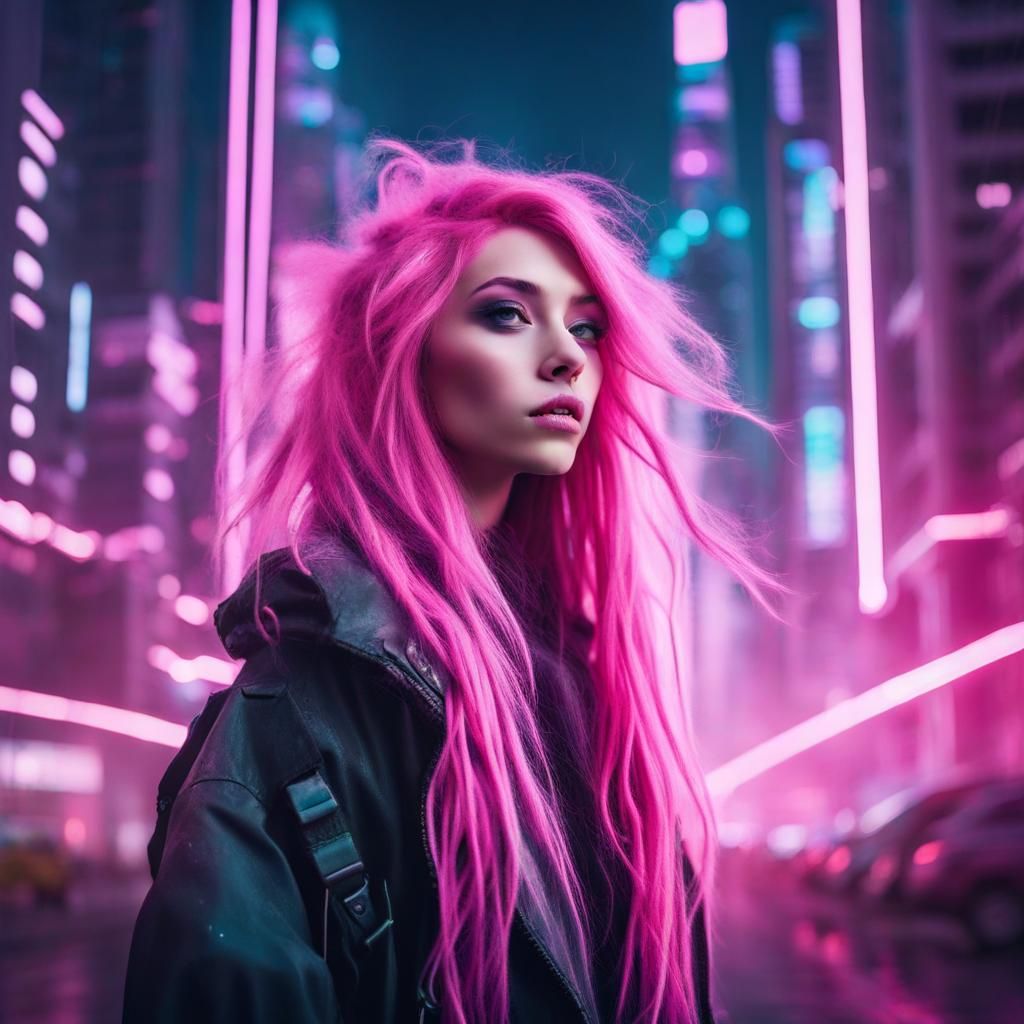 Mysterious Pink-Haired Artist in Cyberpunk City