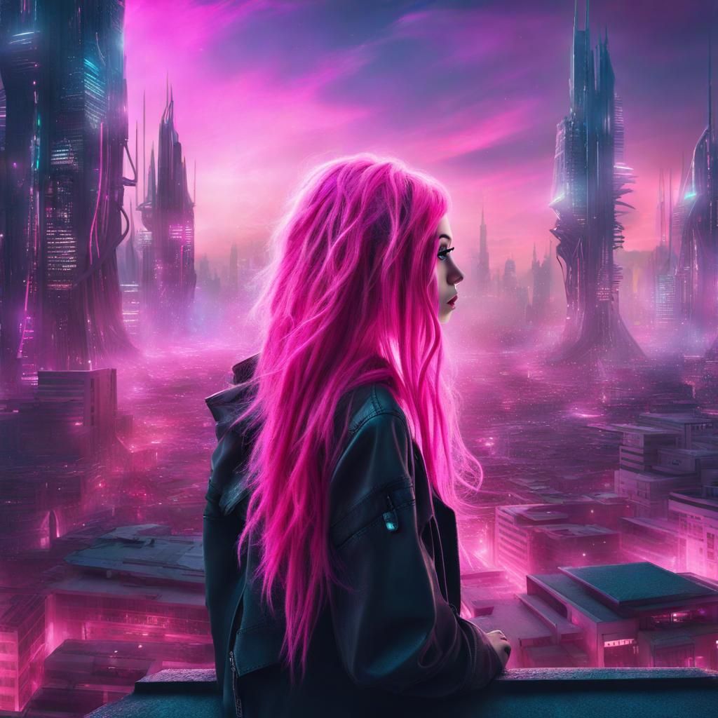 Futuristic Pink-Haired Artist in Neon Cityscape
