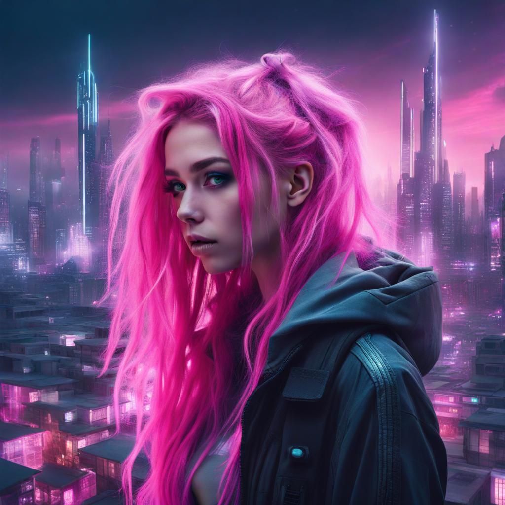 Futuristic Cityscape Portrait of Mysterious Artist Girl