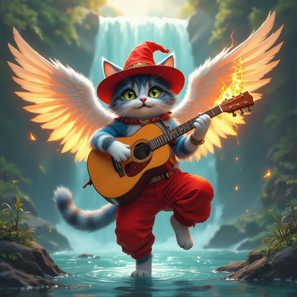 Fantasy Cat Playing Guitar with Angel Wings
