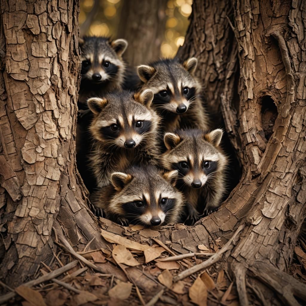 Cozy Raccoons in Tree Hollow: A Cinematic Wildlife Scene