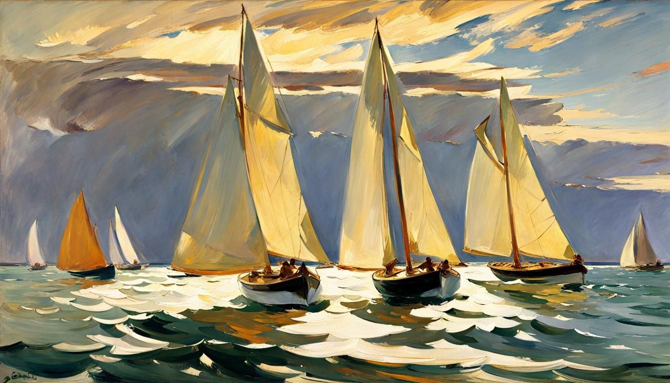 Sailboat Race off Maine Coast in Impressionist Style