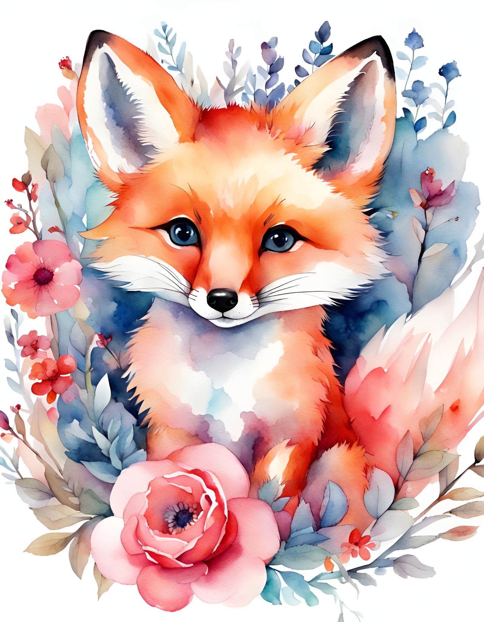 Watercolor Baby Fox with Floral Accents