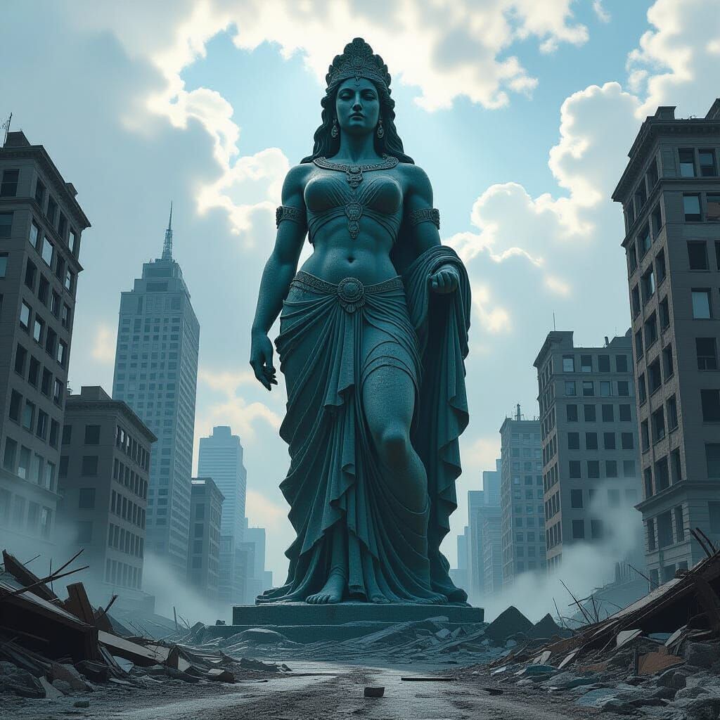 Colossal Goddess Statue in Ruined City, Muscular Style