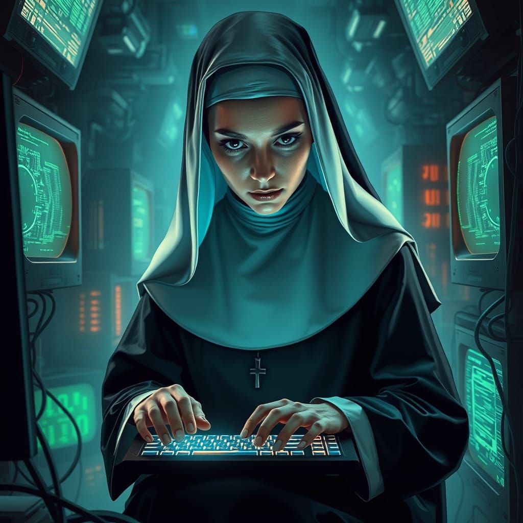 Surreal Catholic Nun Hacks the Matrix in Cyberpunk Style