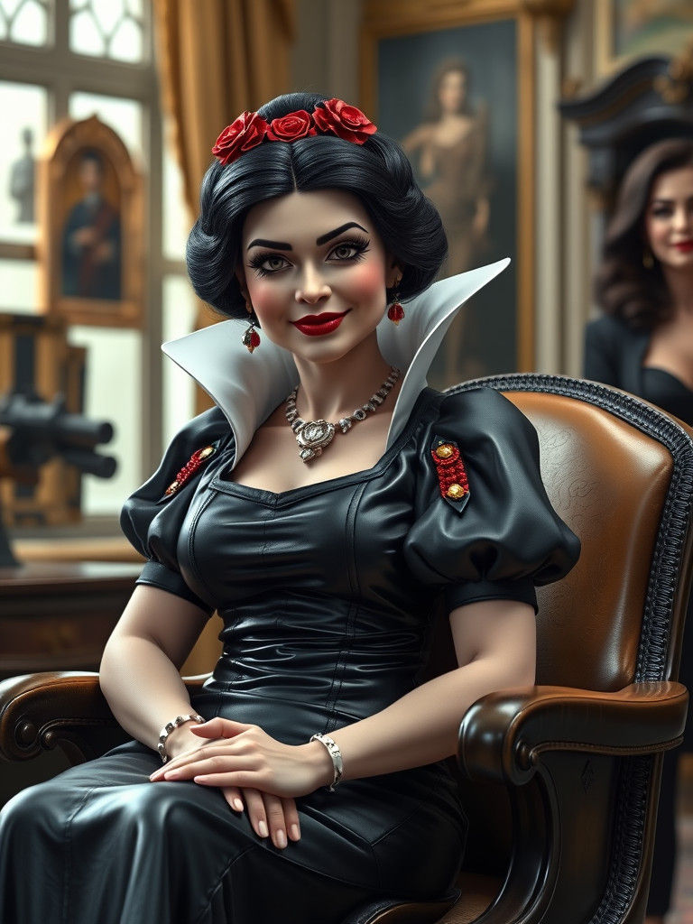 Photorealistic Snow White as Modern Villain in Office