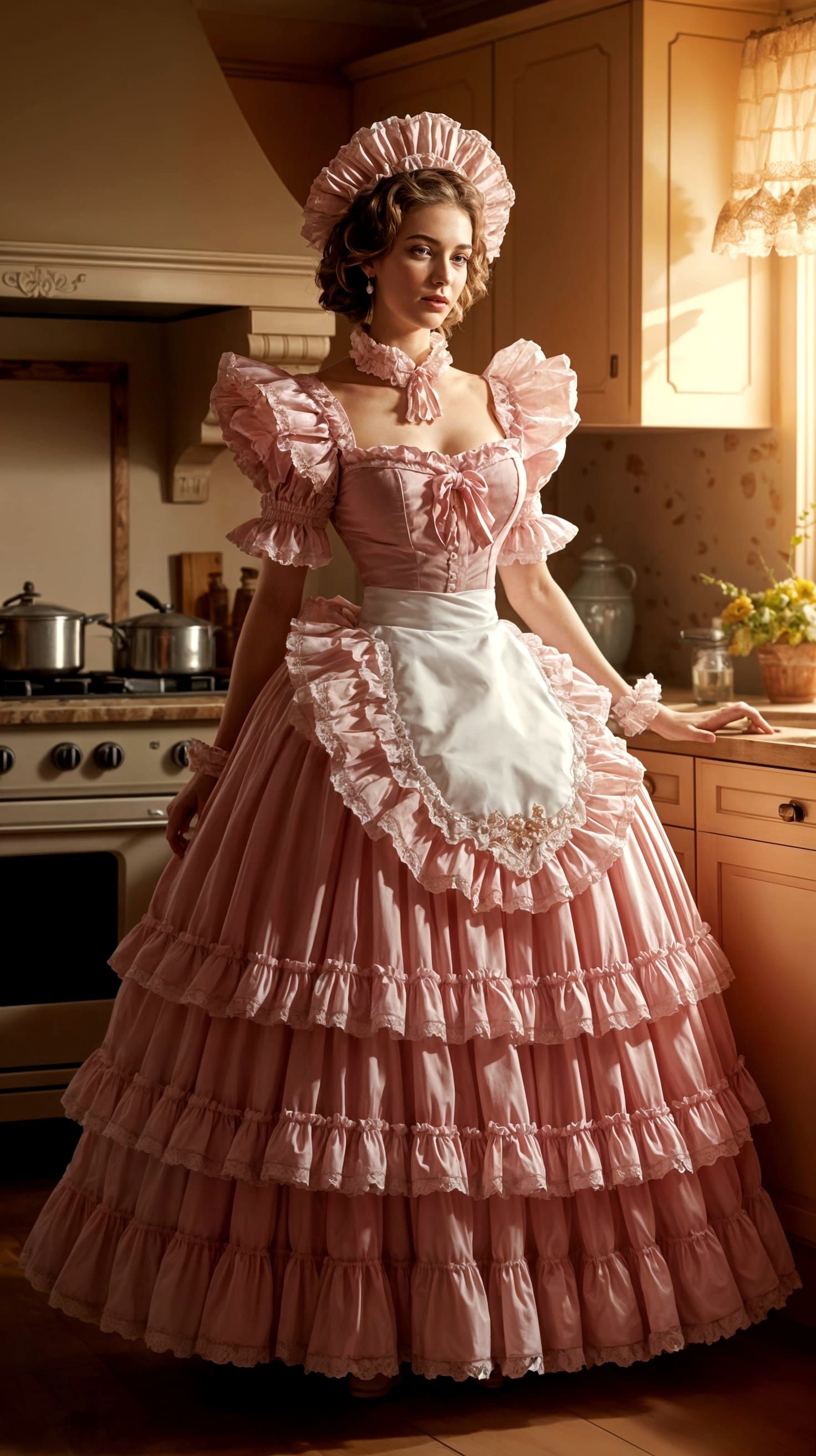 Elegant French Maid in Sunlit Kitchen