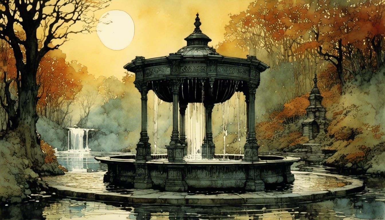 Watercolor Fountain with Ink Splash Art