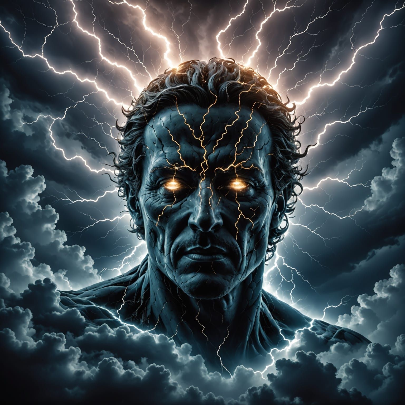 A stormy sky, lit by lightning, a flash reveals a mysterious face in the clouds