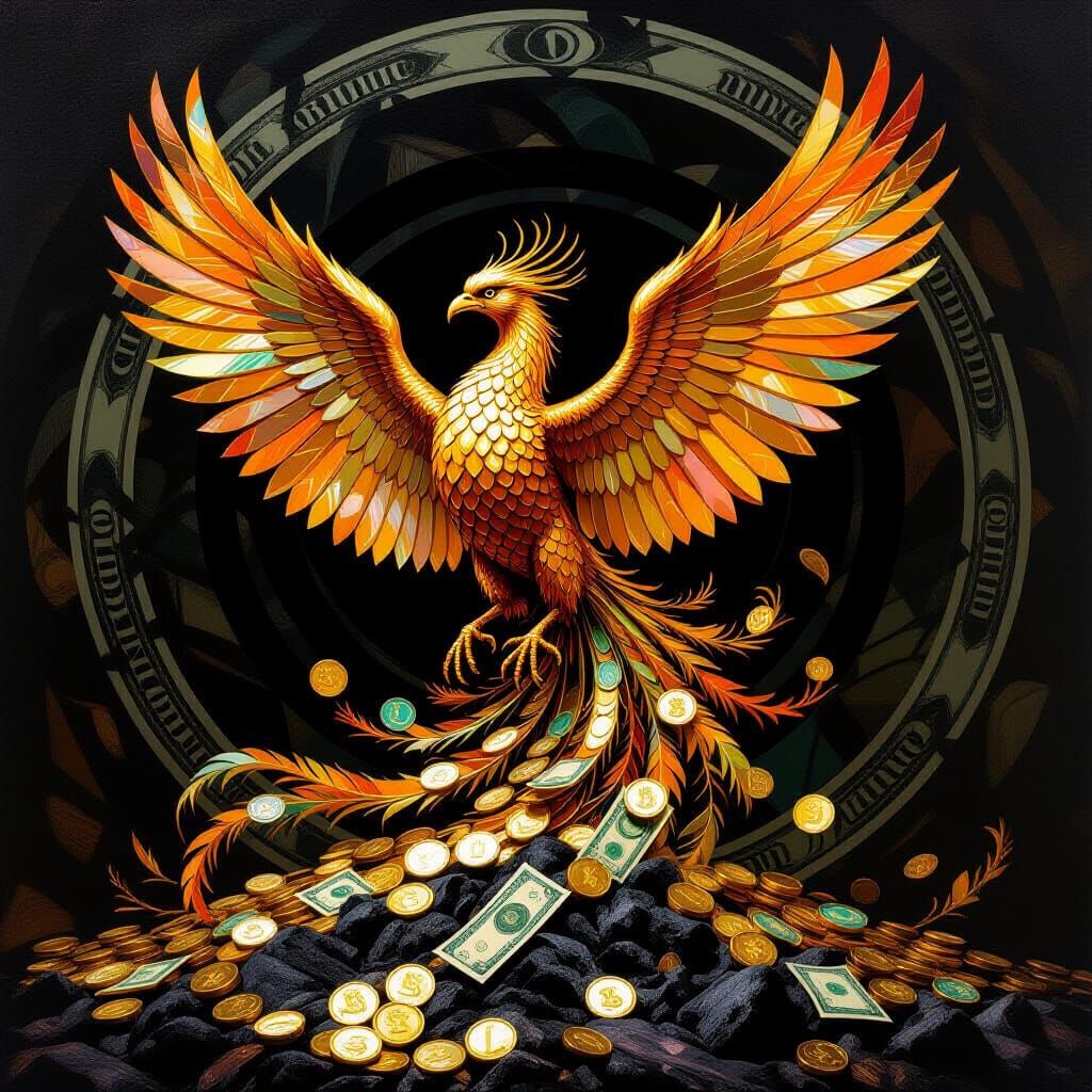 Phoenix Rises from Coins in Dramatic Classical Style