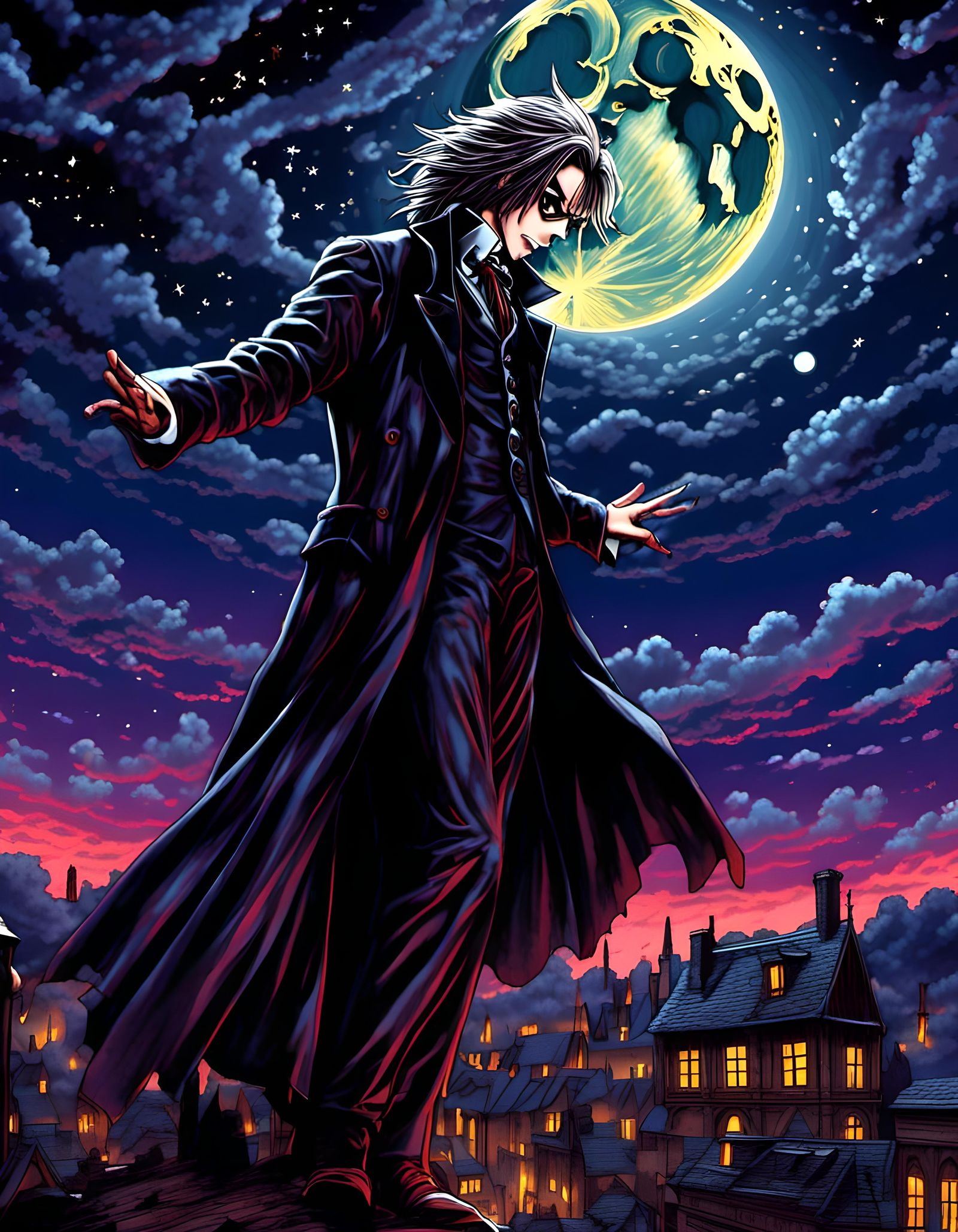 Gothic Anime Vampire Slayer in Neo-Impressionist Style