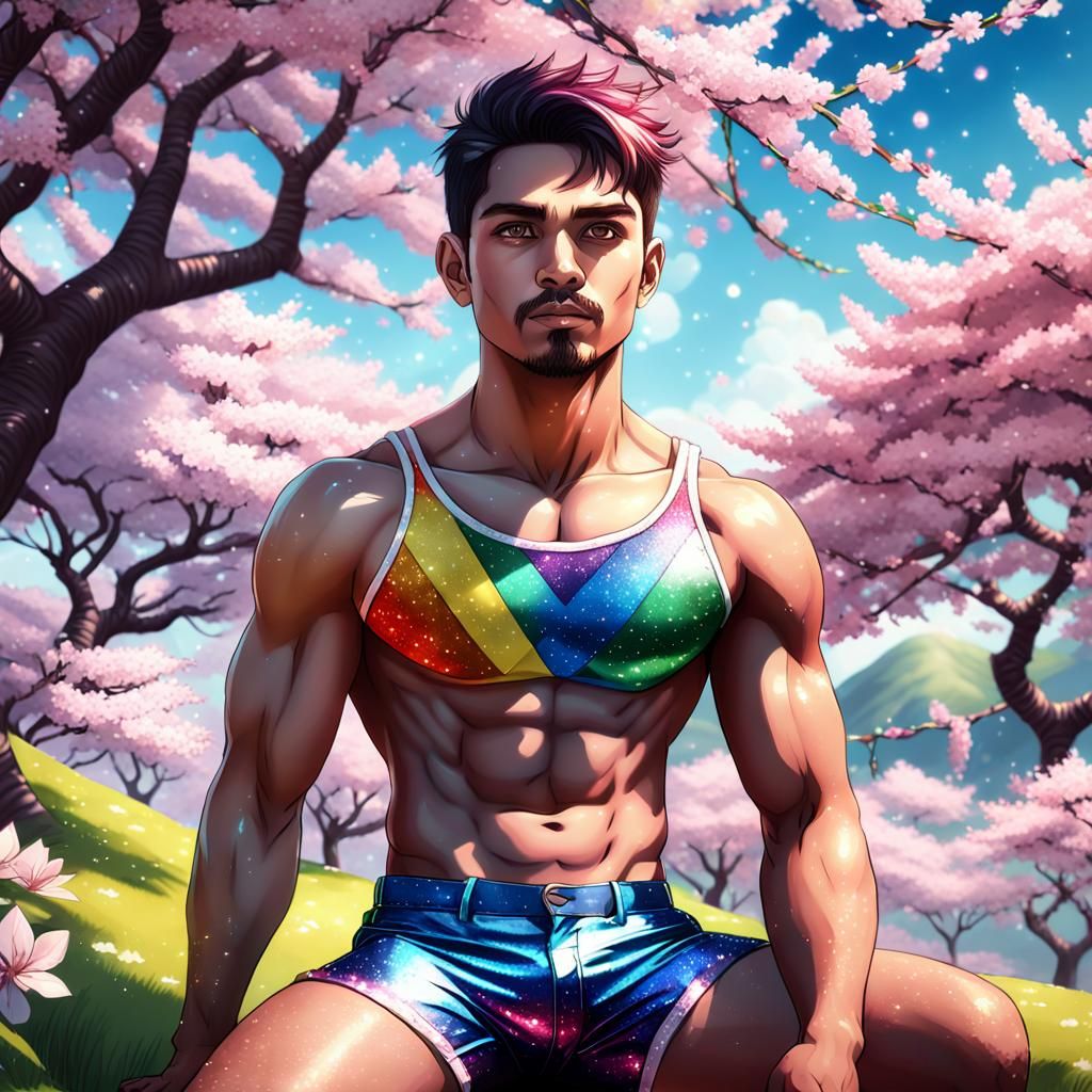 Gay man sitting on a cherry blossom tree