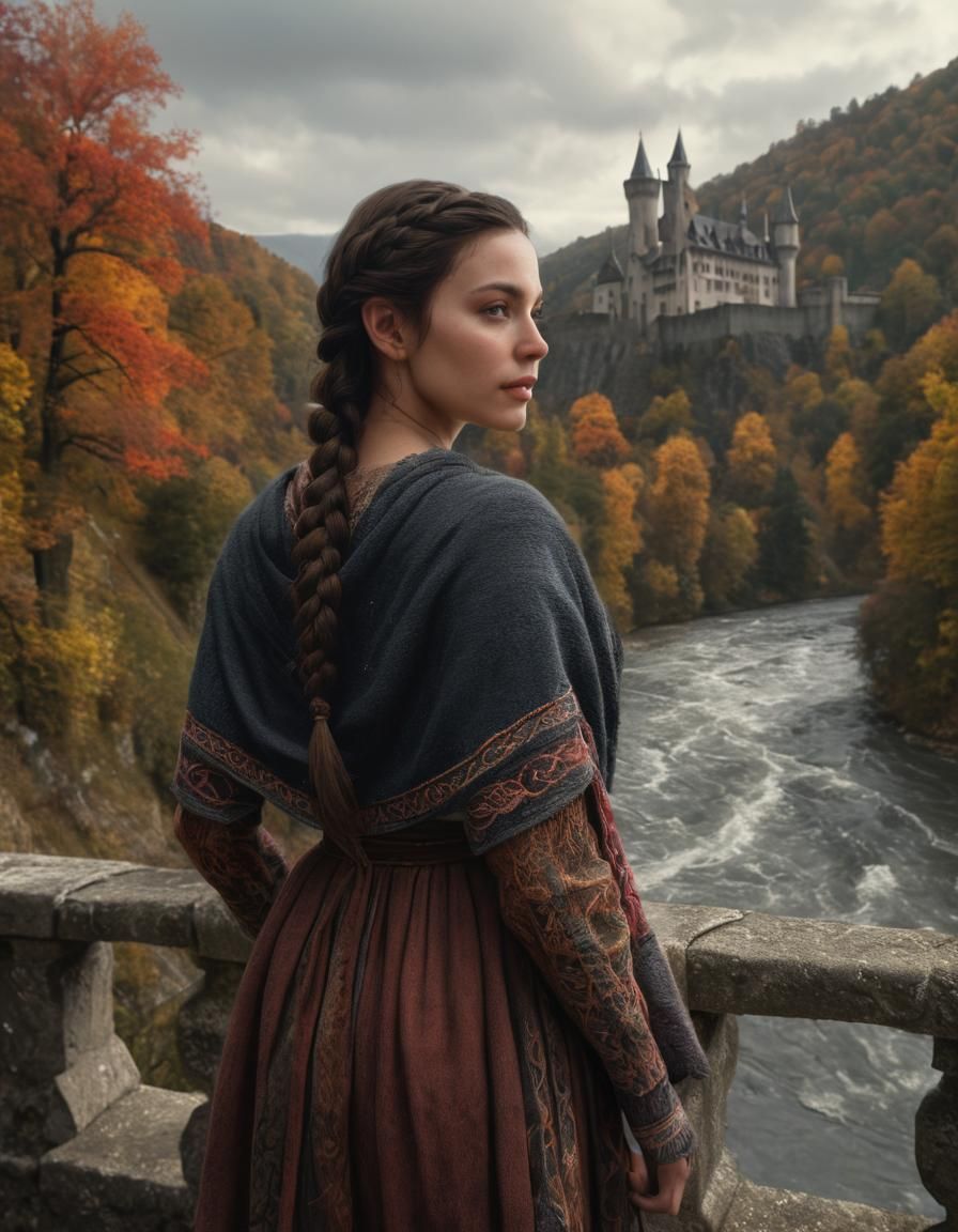 Renaissance Woman on Castle Battlements in Chiaroscuro