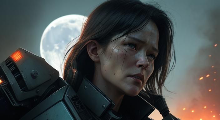 Cyborg Protector in Post-Apocalyptic Scene