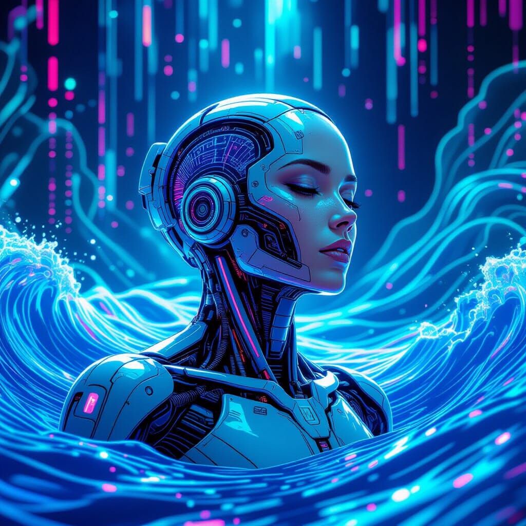 Biomechanical Human in Cyberpunk Genomic Data Stream