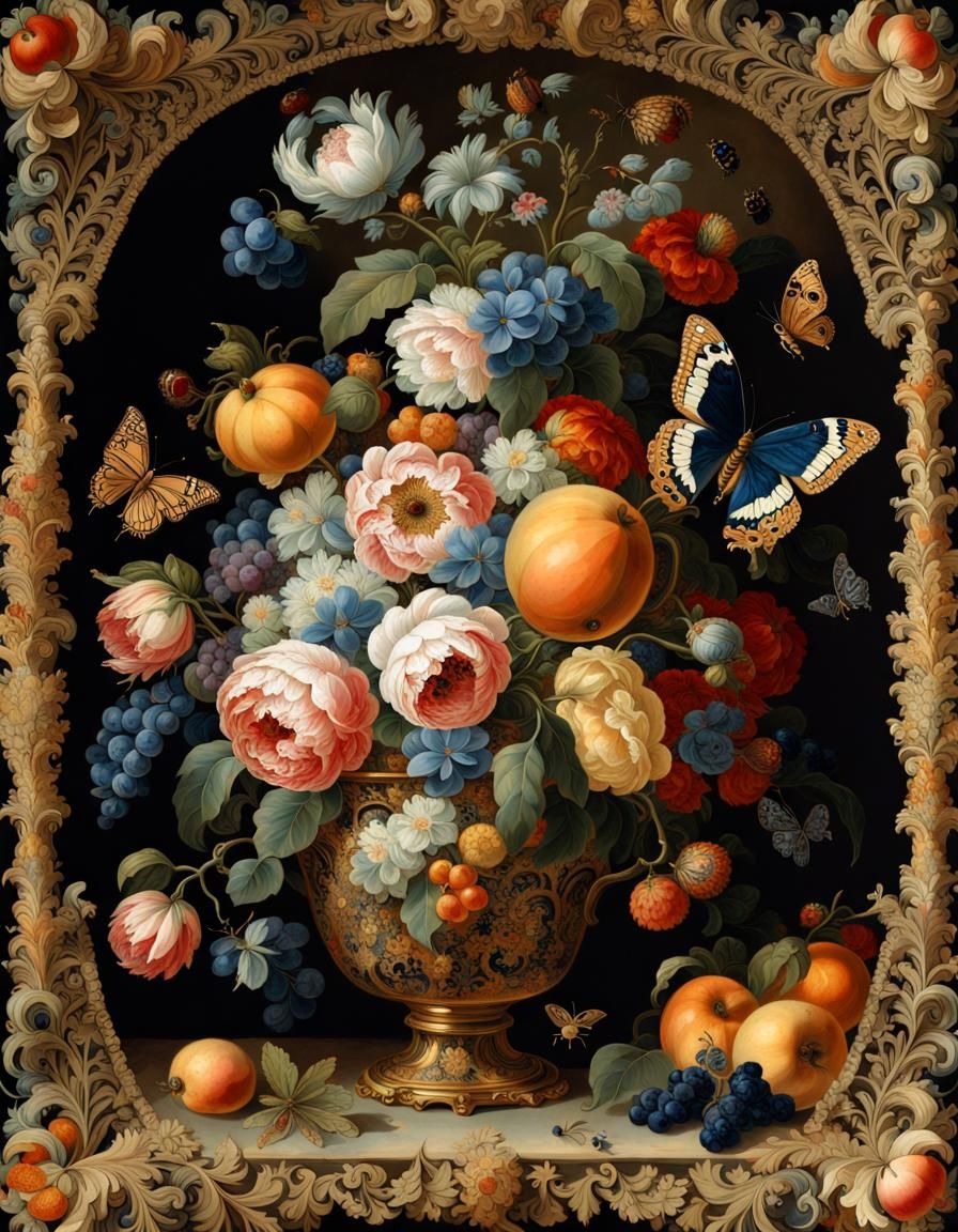 Lace with Jewels and Fruit Still Life