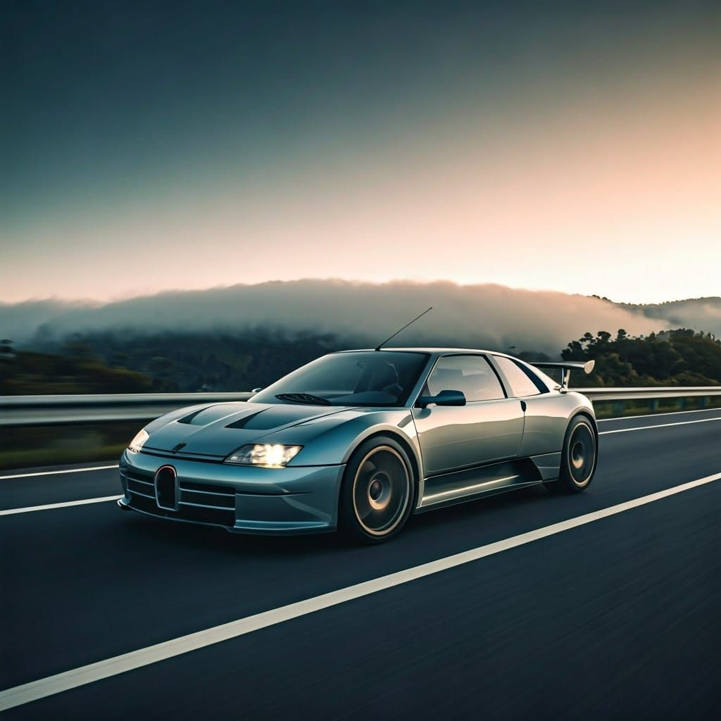 Sleek Bugatti Concept Car on Misty Mountain Road in Cinemati...