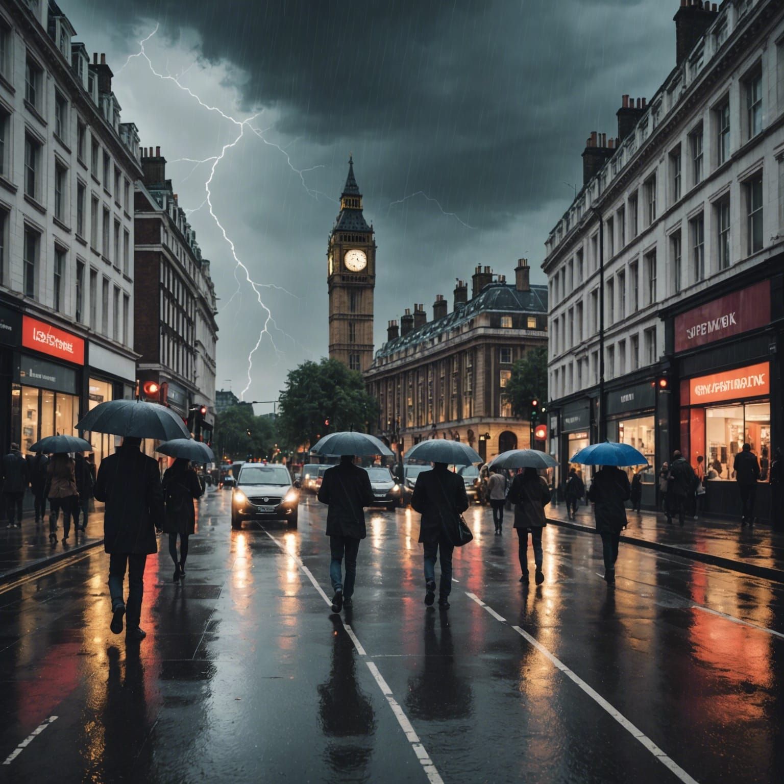 Rainy Day in Modern London: Photorealistic Street Scene